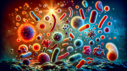 Clouds of germs, viruses, red blood cells, white blood cells and DNA, AI generated images