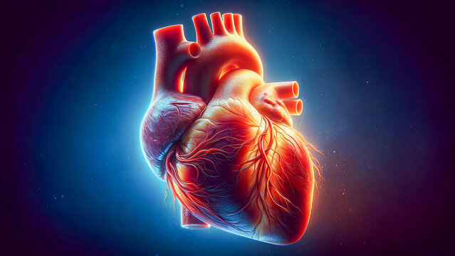 Simulated heart and blood vessels with dark background, AI generated image.