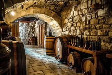 Fototapeta na wymiar A traditional wine cellar with stone walls and wooden barrels