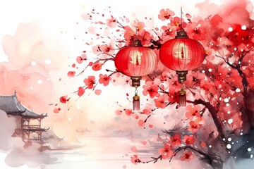 very beautiful red light Chinese New Year Watercolor style illustration artwork background