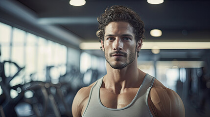 Portrait of a muscular man on a blurred treadmills background. Advertising banner layout for a...