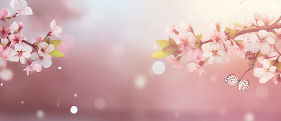Obraz na płótnie Canvas Spring themed background, cherry tree branches, bokeh, empty space, soft and vibrant colors