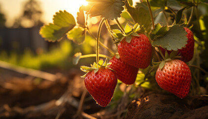 Recreation of strawberries hanging in a plant at sunset - obrazy, fototapety, plakaty