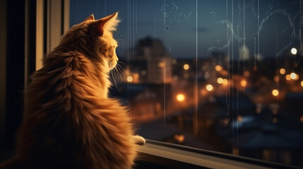 The cat sits on the windowsill