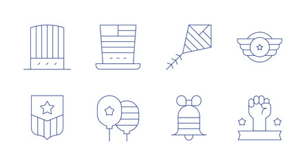 Independence day icons. Editable stroke. Containing hat, kite, emblem, liberty bell, ballons, badge, hand.