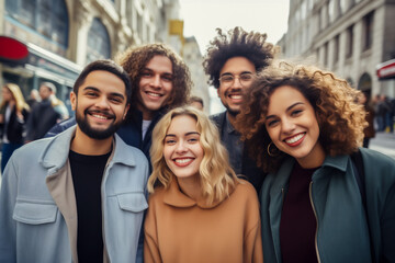 Obraz premium Multiracial group of friends smiling at camera. Happy young friends on travel. Concept of youth and happiness.