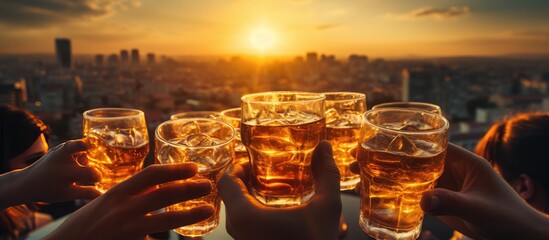 Group of people's hands toasting with a glass of drink at sunset. Close up shot.