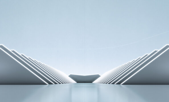 Elegant white futuristic light and reflection triangle wall background. 3D rendering.