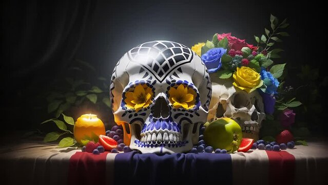colorful decorated skull among flowers and fruits. symbol of Day of the Dead, Dia de los Muertos.
