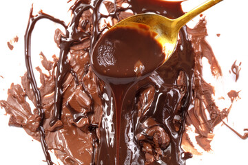 Sweet melted chocolate background with golden spoon.Mass of chocolate.