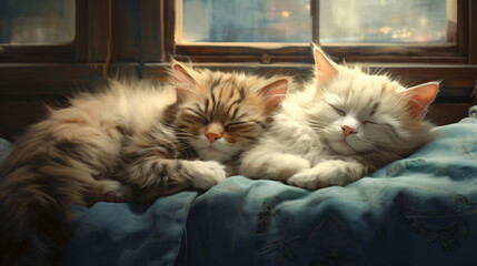 Two fluffy cats are sleeping