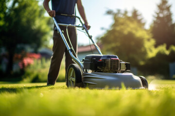 Person mowing lush green lawn in bright sunlight. - obrazy, fototapety, plakaty