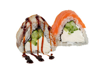 Sushi closeup isolated on white background. Sushi roll with graham rice, Philadelphia cheese and celery topped with soy sauce. Japanese restaurant menu.