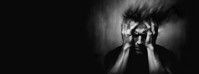 Man feeling burnt out and stressed. Research defines burnout as a syndrome with three factors: exhaustion, cynicism, and a sense of ineffectiveness.Black background with copy space for text