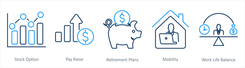 A set of 5 Employee Benefits icons as stock option, pay raise, retirement plans