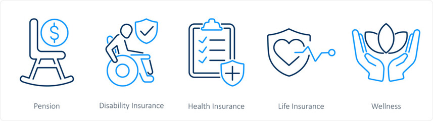 Fototapeta premium A set of 5 Employee Benefits icons as pension, disability insurance, health insurance