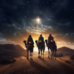 Behind view of the three wise men following the bright star in the sky as described in the Bible