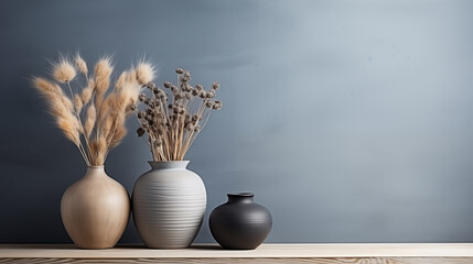 three ceramic vases in neutral tones with dried fluffy pampas grass and delicate seed heads against a dark wall