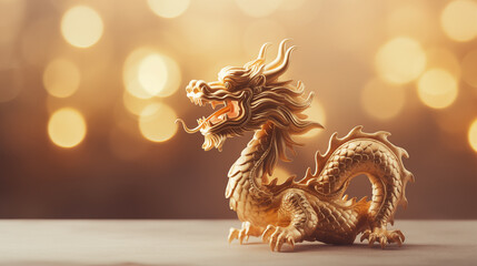 golden dragon sculpture with a fierce gaze, set against a soft-focus background,chinese new year