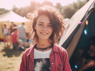 DIY music festival scene with girl in eclectic '90s festival fashion, surrounded by tents and...