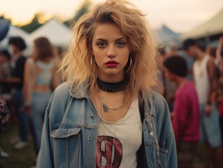 DIY music festival scene with girl in eclectic '90s festival fashion, surrounded by tents and outdoor concert vibes, in the style of film photography from the 1990
