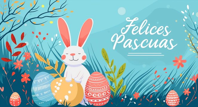 Happy Easter! Banner with easter eggs and calligraphy text "Felices Pascuas". Light blue background, pastel colors, modern style. Website banner or greeting card