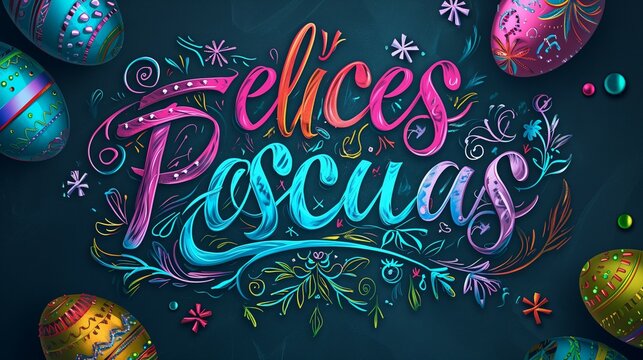 Happy Easter! Banner with easter eggs flowers and calligraphy text "Felices Pascuas". Dark background, vivid colors, modern style. 
