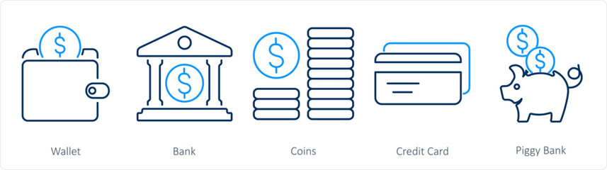 A set of 5 Finance icons as wallet, bank, coins