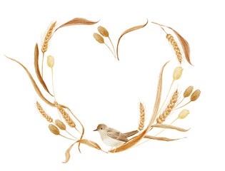 Watercolor floral heart wreath with blue-yellow wildflowers and bird. Greeting template for you design. 