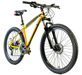 Fototapeta na wymiar yellow black 29er mountainbike with thick offroad tyres. bicycle mtb cross country aluminum, cycling sport transport concept