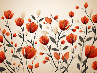 Tulips colorful floral pattern design with flowers spring blooms. Red white and green main colors, white background, space for copy, illustration style, front view.