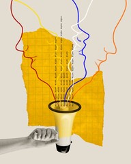 Human hands holding megaphone with words of vote appearing. Contemporary art collage. Concept of...