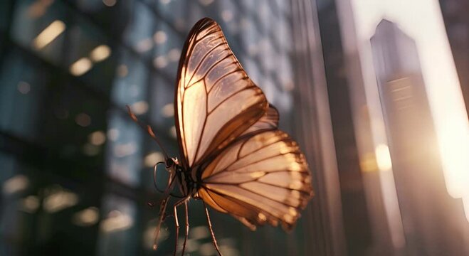 A butterfly with transparent wings against the backdrop of city buildings. The concept of beauty and fragility in an urban environment.