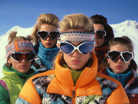 Group of people in stylish '90s ski resort attire, complete with colorful ski suits, goggles, and winter accessories, in the style of film photography from the 1990