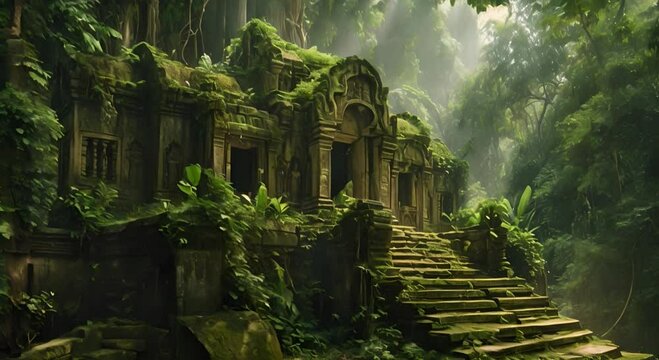A secluded temple amid dense jungle vegetation bathed in sunlight. The concept of forgotten civilizations.
