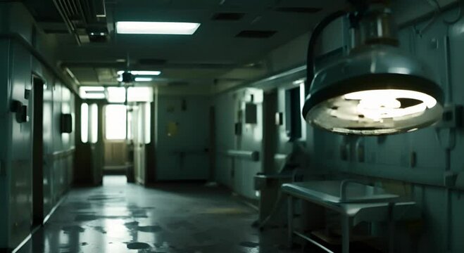 An abandoned operating room with an overhead lamp. The concept of oblivion and the past.