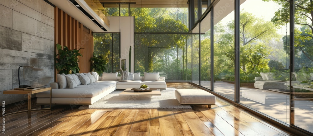 Poster a living room with wood flooring and sliding glass doors leading to the patio area in front of the h