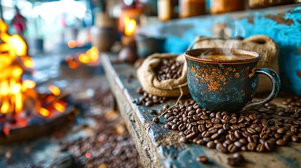 Zelfklevend Fotobehang Coffee cup and coffee beans on a wooden table in a cafe © korkut82