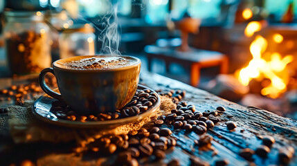 Coffee cup and coffee beans on a wooden table in a cafe