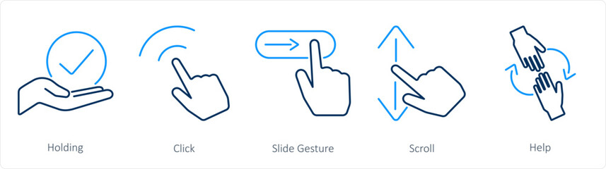 Fototapeta premium A set of 5 Hands icons as holding, click, slide gesture