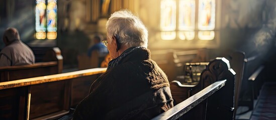 Gospel prayer or old woman in church for God holy spirit or catholic religion in cathedral or Christian community Faith worship bow or elderly person in chapel or sanctuary to praise Jesus Chri - obrazy, fototapety, plakaty