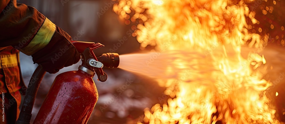 Poster Fireman showing how to use a fire extinguisher. with copy space image. Place for adding text or design