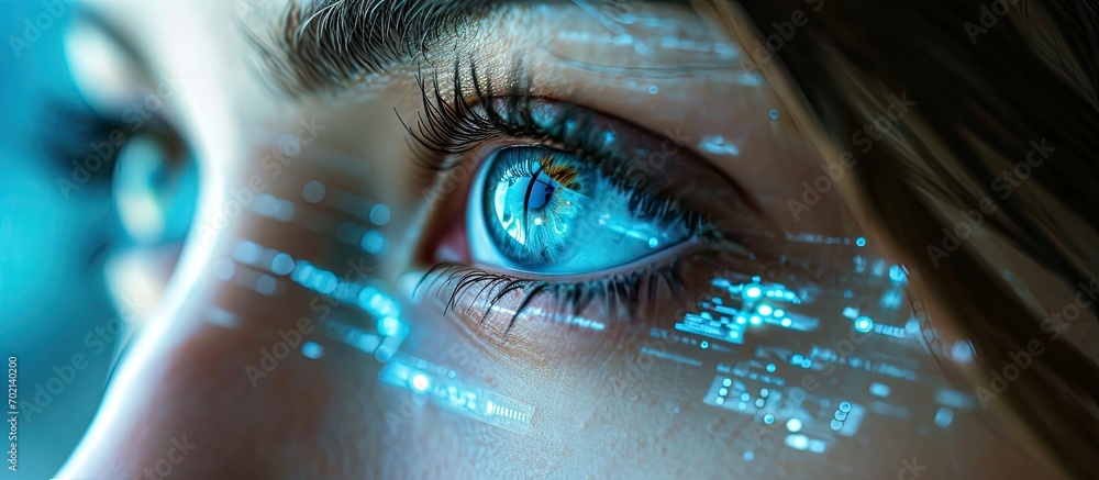 Poster close up view of blue eye with futuristic holographic interface to display data portrait of beautifu
