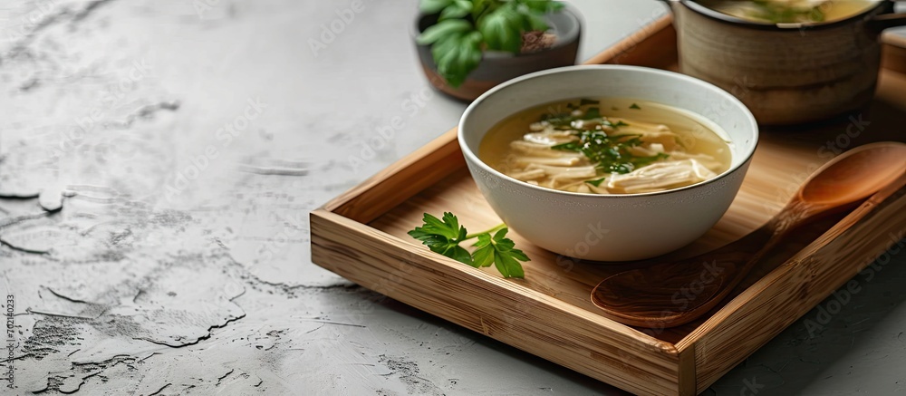 Aufkleber Chicken soup in white bowl on wooden tray. with copy space image. Place for adding text or design