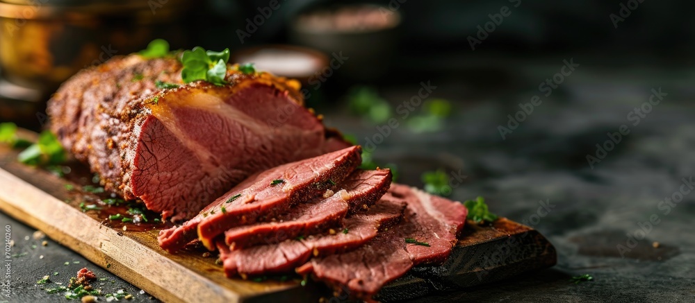 Fototapete Corned beef cooked and sliced on a cutting board irish recipe idea for St Patricks day. with copy space image. Place for adding text or design