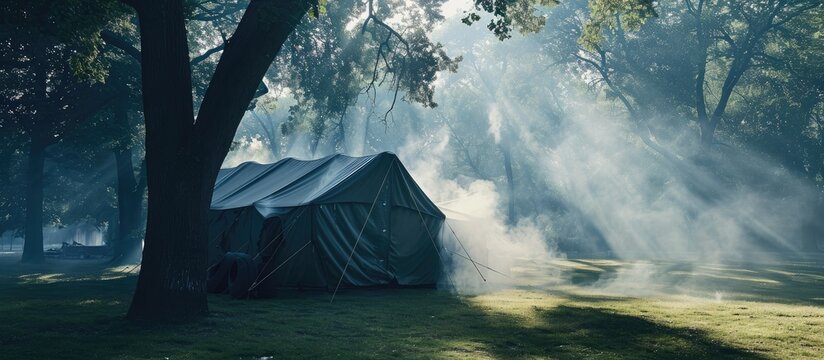 Big military camp tent with smoke rescuer firefighter training site in Park on summer day. with copy space image. Place for adding text or design