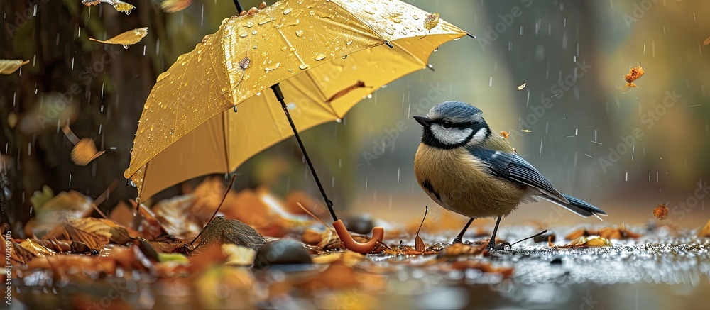 Poster blue tit under a natural umbrella during autumn rain. with copy space image. place for adding text o