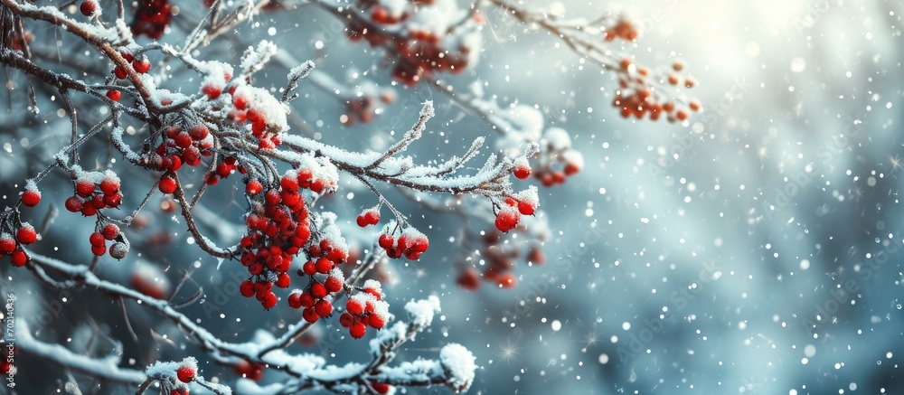 Fototapete Frost covered rowan branch with red berries on a tree in winter during a snowfall. with copy space image. Place for adding text or design
