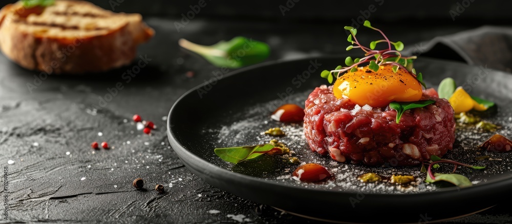 Poster Gourmet tartar raw from beef fillet with yellow of the egg grilled and baguette as closeup on modern design dish. with copy space image. Place for adding text or design