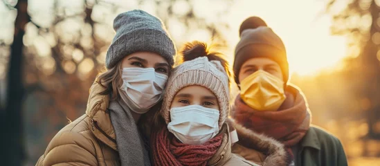 Fotobehang Family wearing protective face masks virus and infection prevention. with copy space image. Place for adding text or design © vxnaghiyev